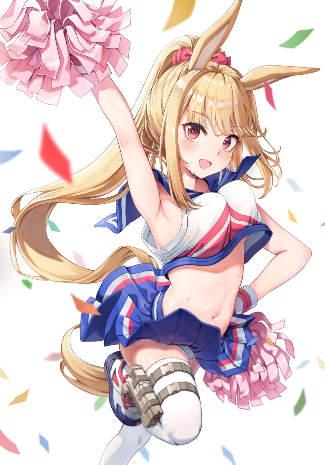 29hyeon animal_ears bunny_ears cheerleader garter gun pantsu shirt_lift skirt_lift thighhighs