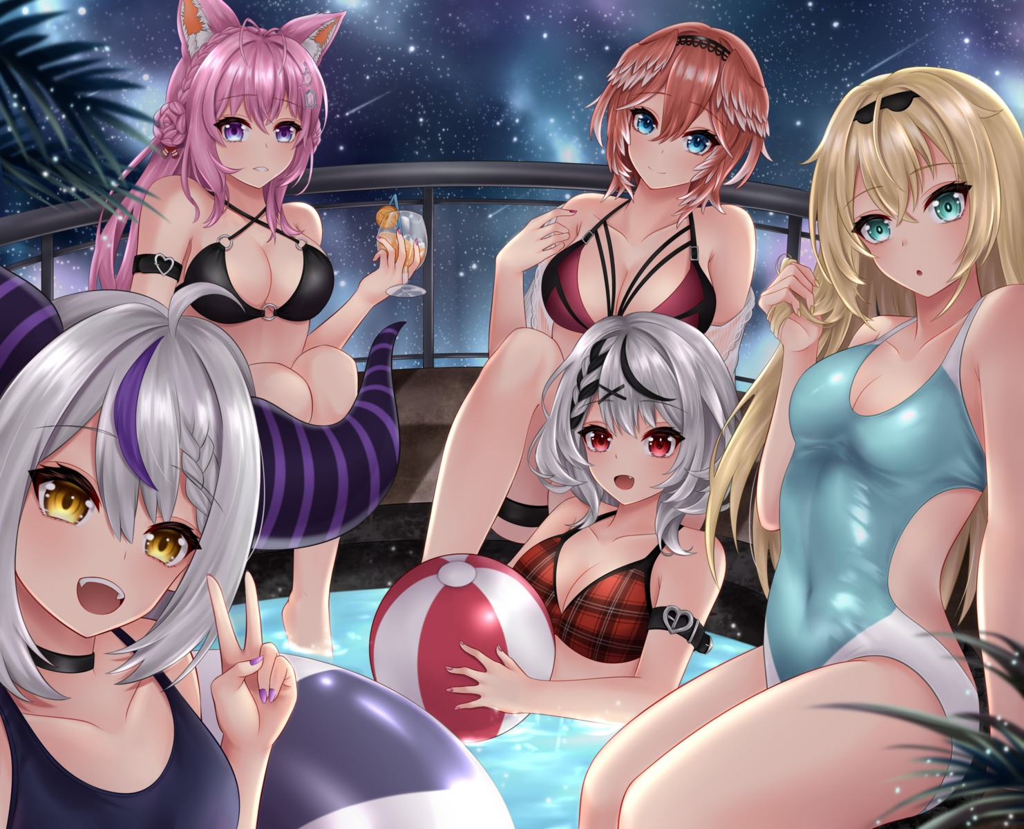 animal_ears bikini_top cleavage devil garter hakui_koyori hololive horns kazama_iroha la+_darknesss pointy_ears popcornflakes sakamata_chloe swimsuits takane_lui wet wings