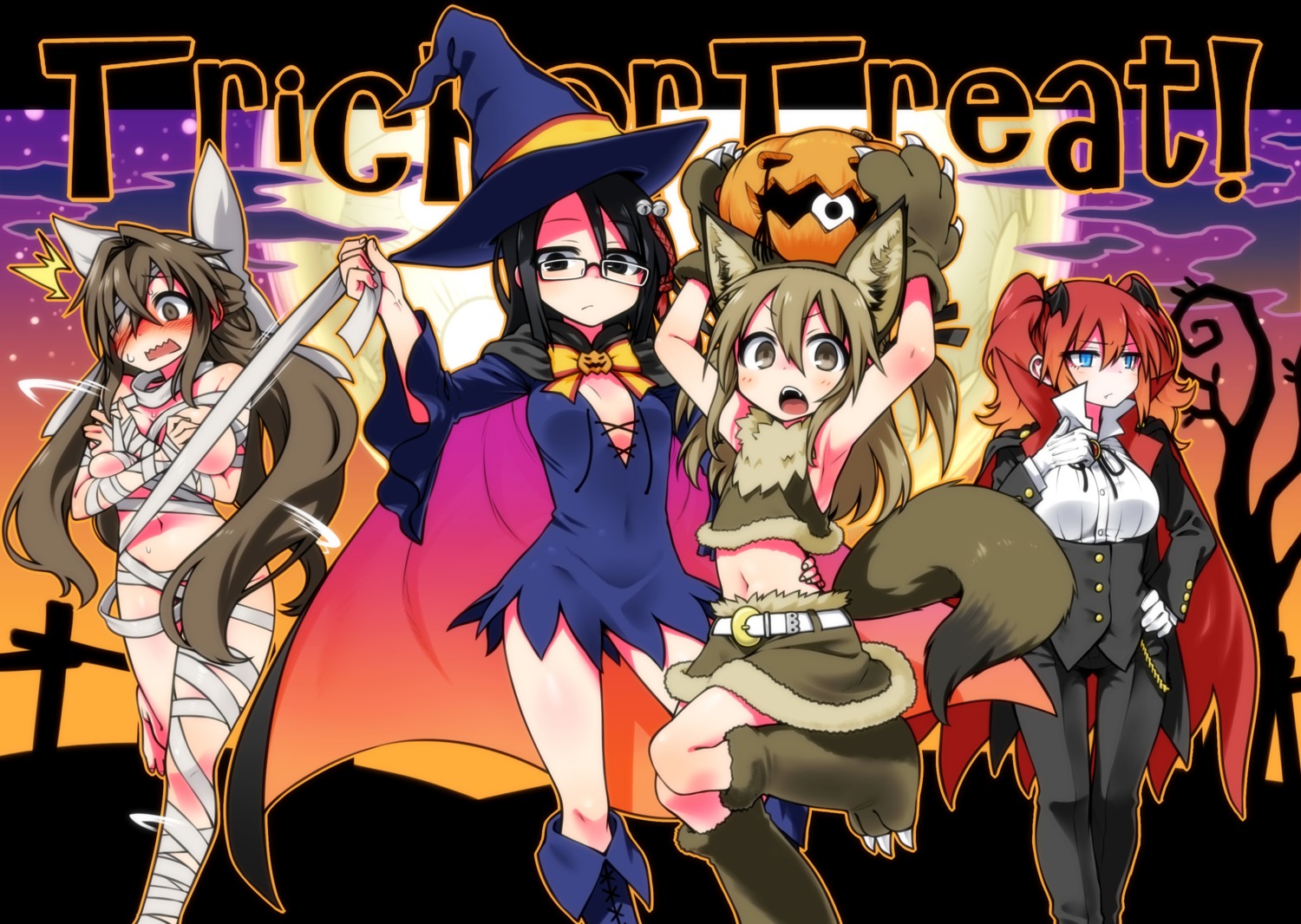 animal_ears bandages breast_hold cleavage dress halloween kitsune megane no_bra nopan tail witch yoshida_hideyuki