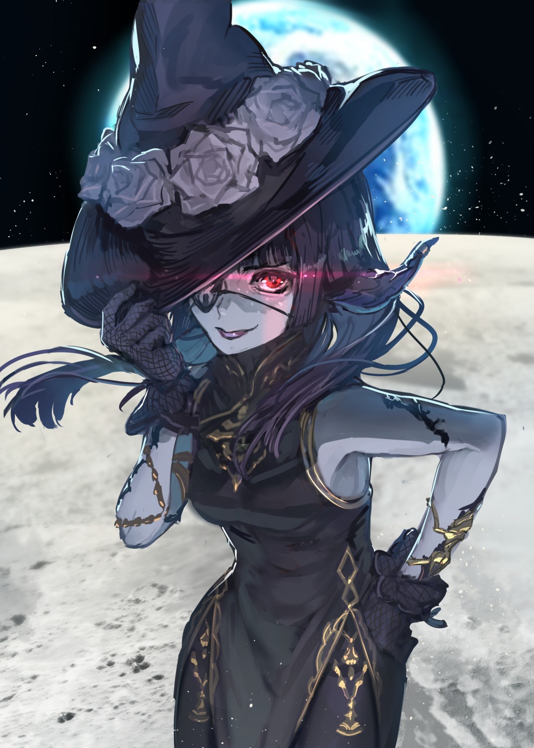 au_ra chinadress eyepatch final_fantasy final_fantasy_xiv hide_(hideout) horns pantyhose witch