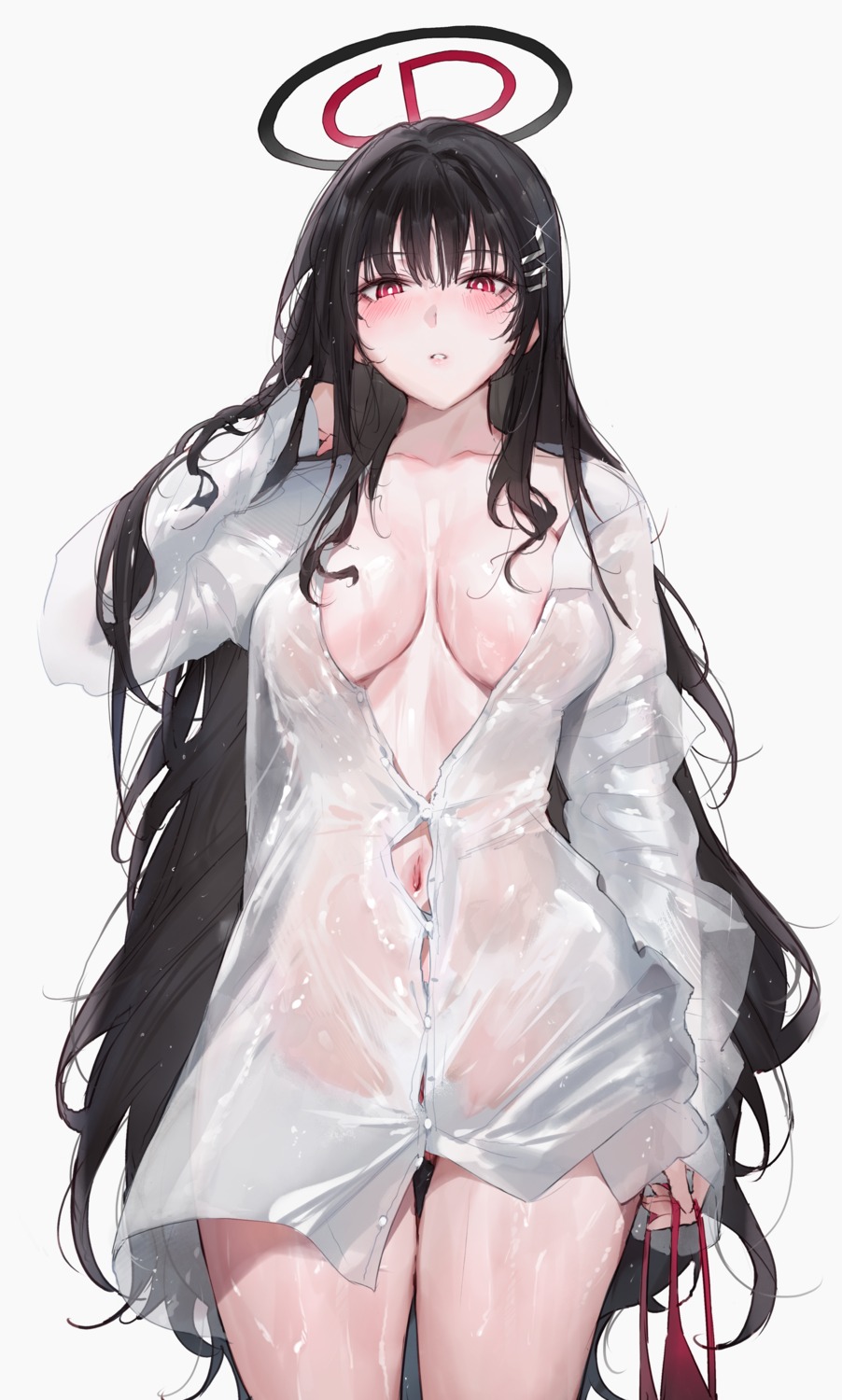 areola blue_archive dress_shirt halo no_bra open_shirt qiandaiyiyu see_through tsukatsuki_rio wet wet_clothes