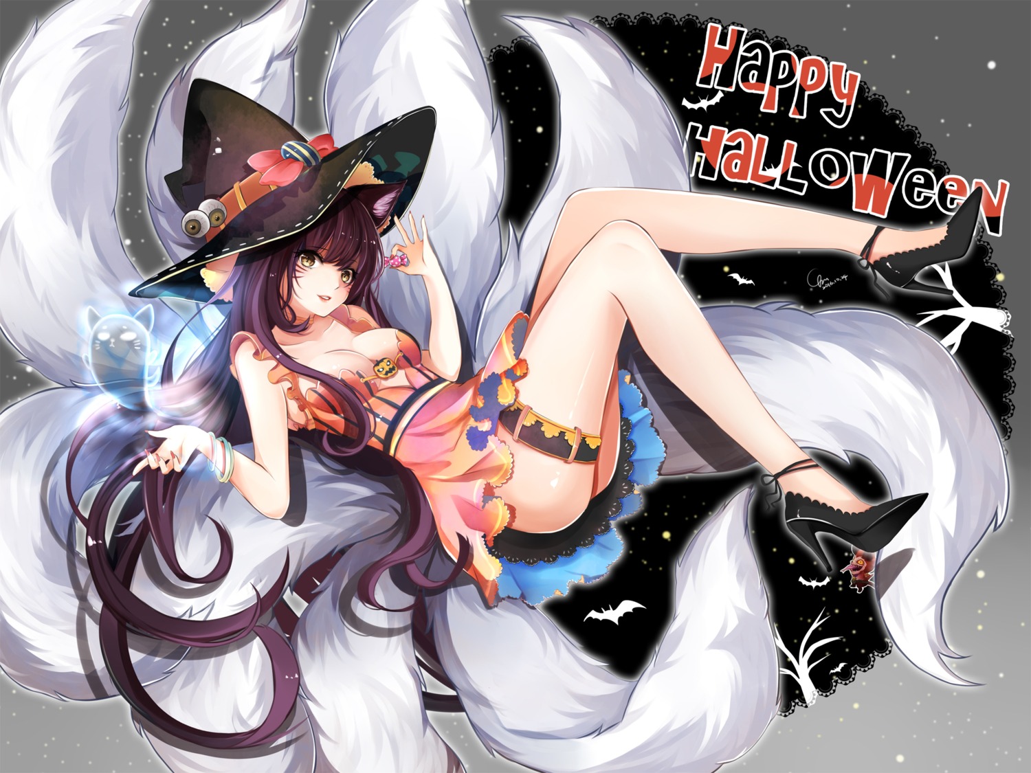 ahri animal_ears cleavage dress garter halloween heels kitsune league_of_legends no_bra tail witch