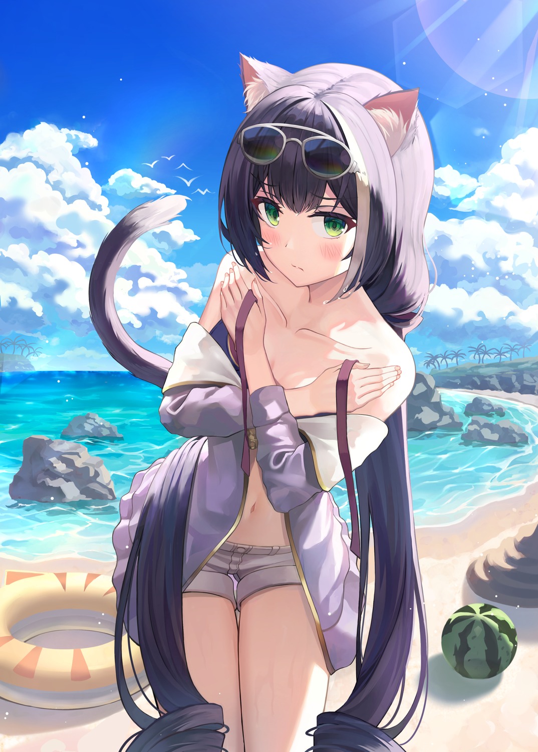 animal_ears bekkuro bikini_top karyl_(princess_connect) megane nekomimi open_shirt princess_connect princess_connect!_re:dive swimsuits tail wardrobe_malfunction