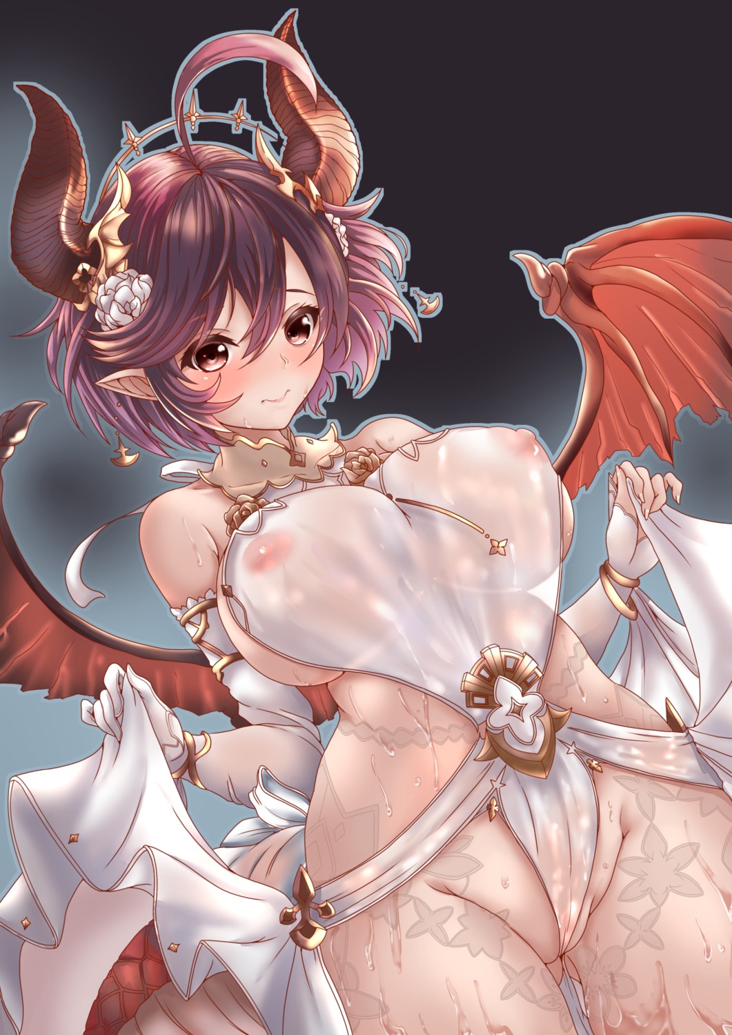 cameltoe granblue_fantasy grea horns kuga_zankurou leotard nipples no_bra pointy_ears see_through shingeki_no_bahamut skirt_lift tail tattoo wings