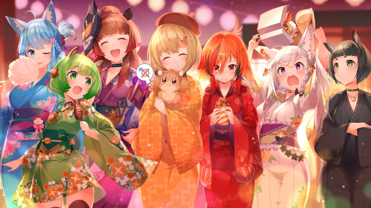 animal_ears animare haibara_akane hinokuma_ran horns inaba_haneru kazami_kuku kokka_han nanashi_inc. shiromiya_mimi souya_ichika thighhighs wallpaper yukata yunohara_izumi