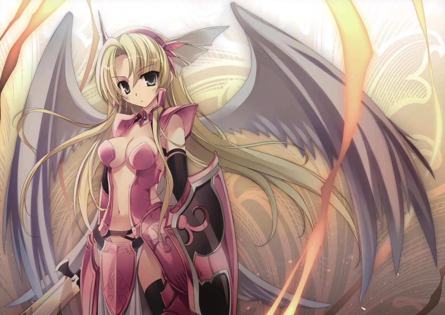 armor cleavage karomix karory minerva_(puzzle_&_dragons) no_bra nopan puzzle_&_dragons sword thighhighs wings