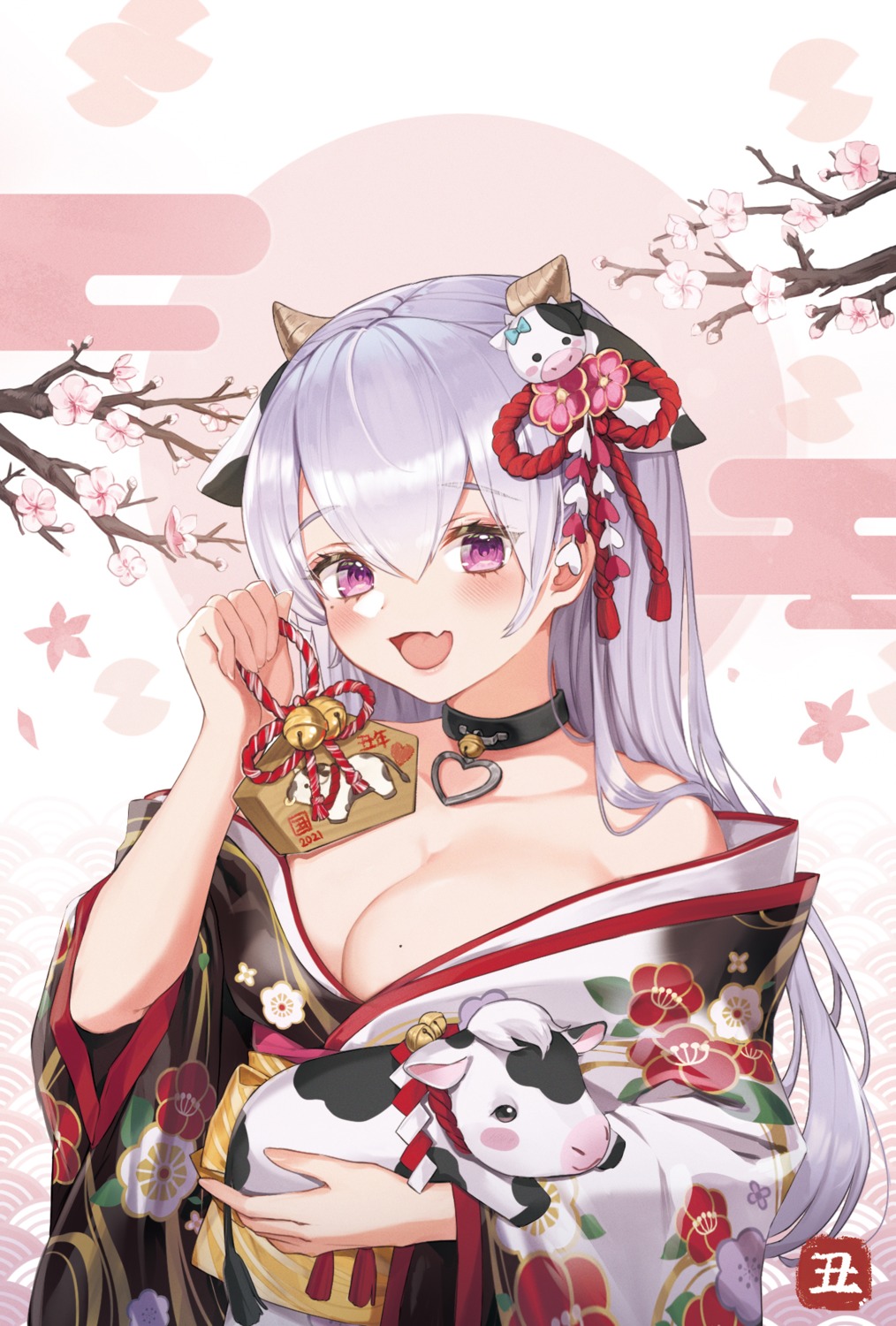 animal_ears horns hourei_tenten indie_virtual_youtuber kimono kokko_(kokko3045) no_bra open_shirt