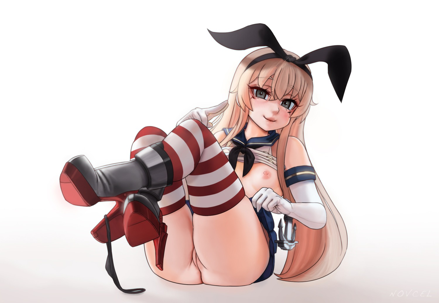 breasts heels kantai_collection loli nipples no_bra novcel pussy seifuku shimakaze_(kancolle) shirt_lift skirt_lift thighhighs thong uncensored