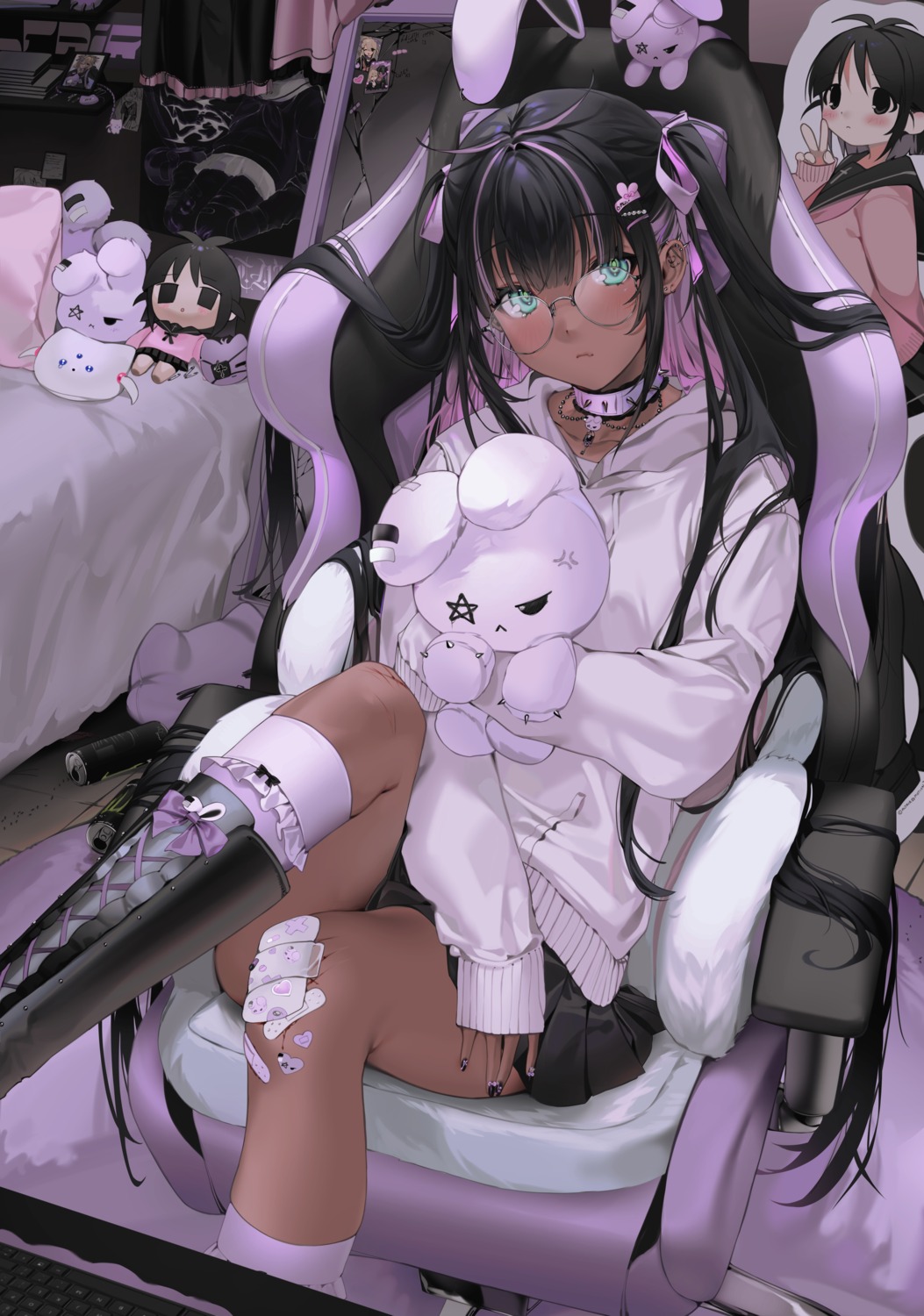 bandaid blood chibi megane miu_(unxi) pantyhose seifuku sweater unxi