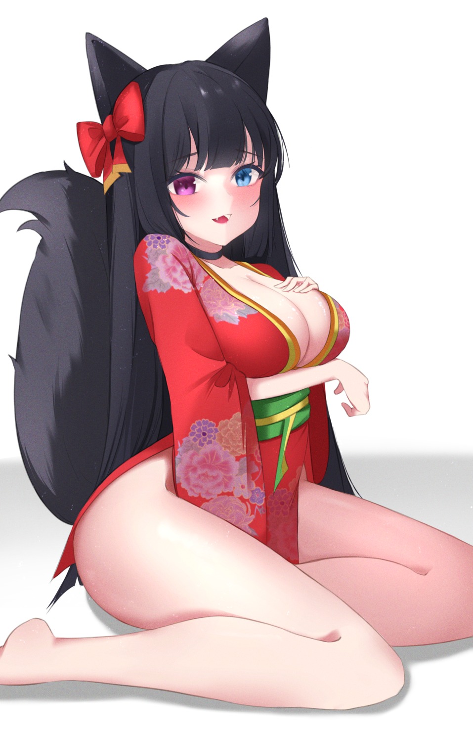 animal_ears breast_hold haku_(liiixixixiii) heterochromia japanese_clothes kitsune no_bra nopan open_shirt tail