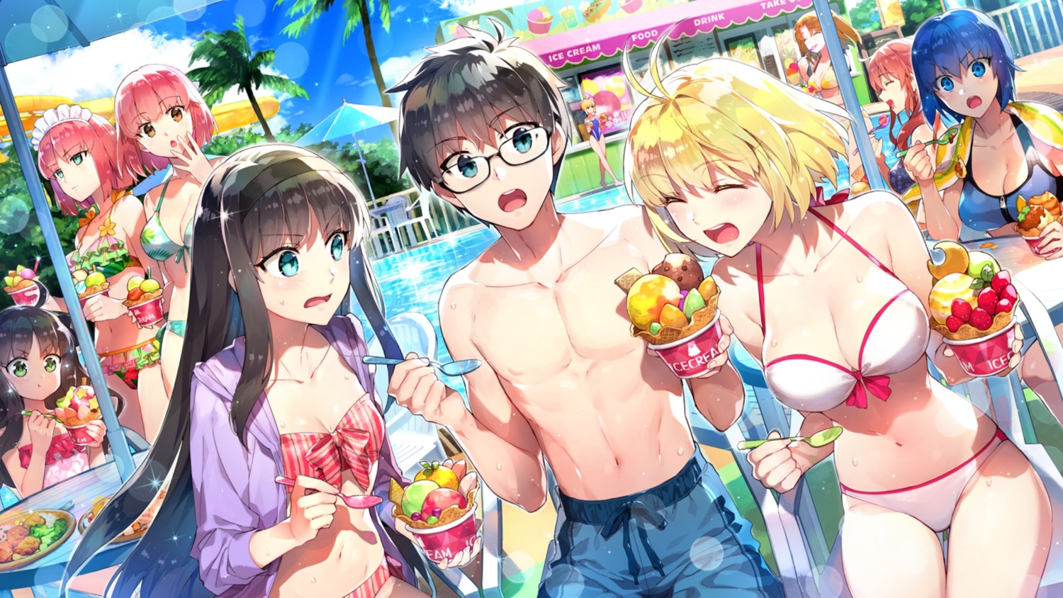 arcueid_brunestud arima_miyako bikini ciel cleavage crossover fate/grand_order fate/stay_night hisui kohaku megane melty_blood open_shirt redrop saber swimsuits toono_akiha toono_shiki tsukihime wallpaper yumizuka_satsuki