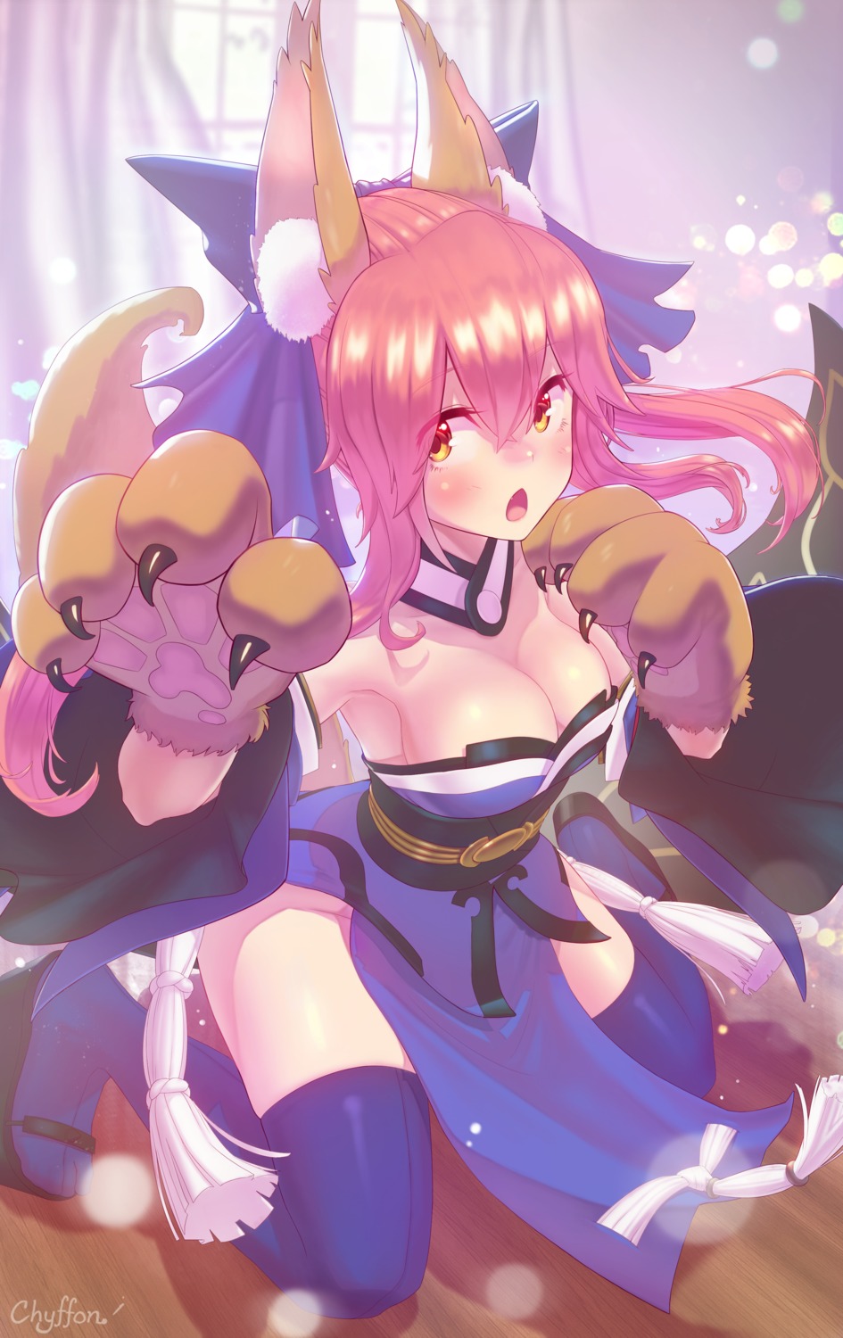 animal_ears chyffon cleavage fate/extra fate/grand_order fate/stay_night kitsune tail tamamo_cat thighhighs