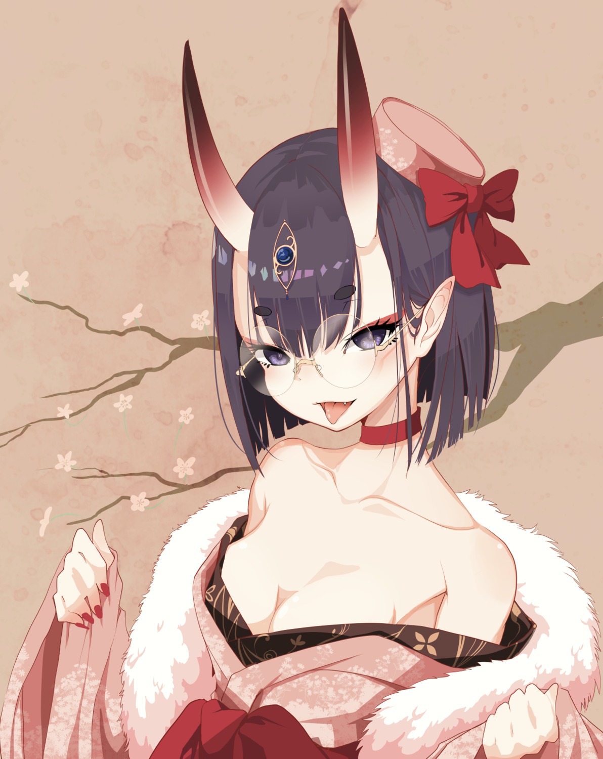 cleavage fate/grand_order horns megane naruwe open_shirt pointy_ears shuten_douji_(fate/grand_order)