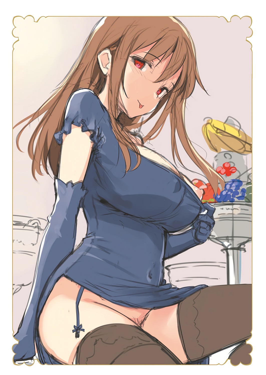 dress nipples no_bra nopan pubic_hair sketch skirt_lift takayaki thighhighs