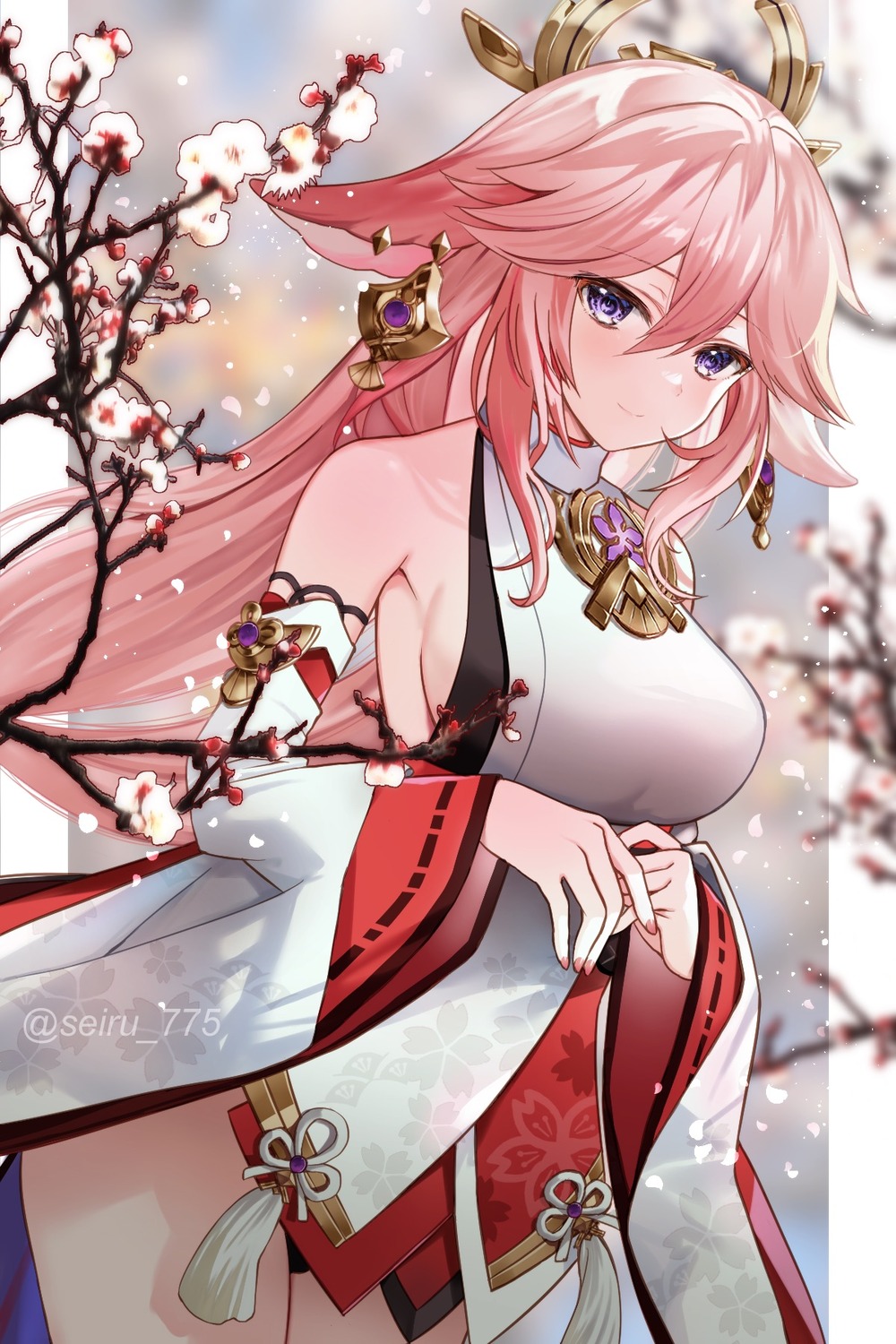 animal_ears genshin_impact hijiri_ruka japanese_clothes kitsune no_bra watermark yae_miko