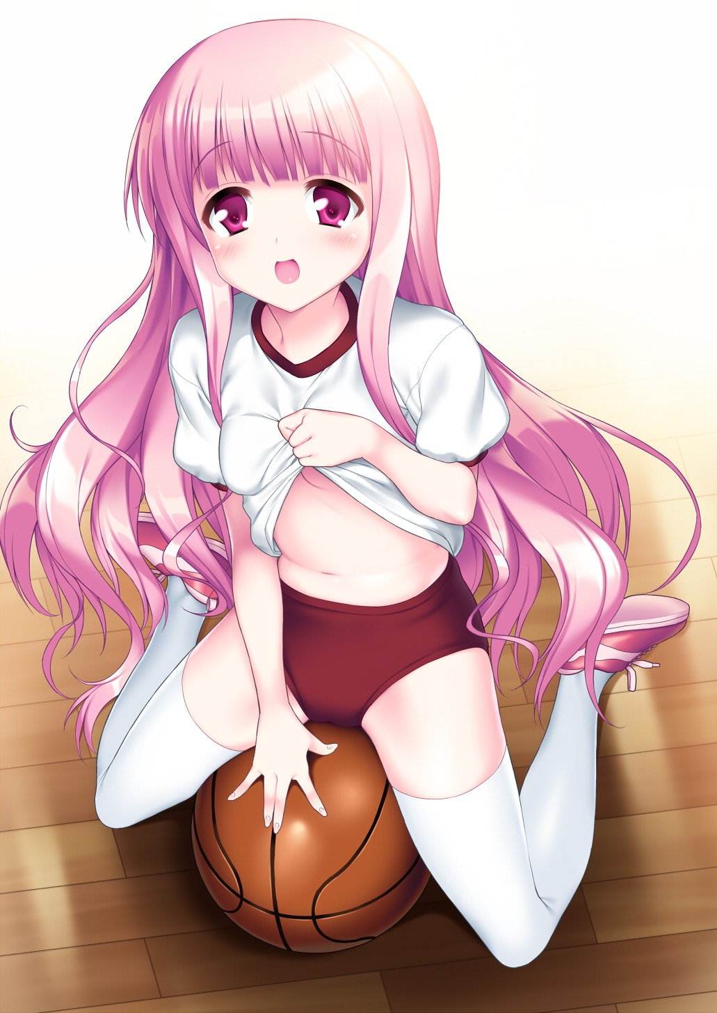 buruma gym_uniform hakamada_hinata ro-kyu-bu! shirt_lift suzume_inui thighhighs underboob