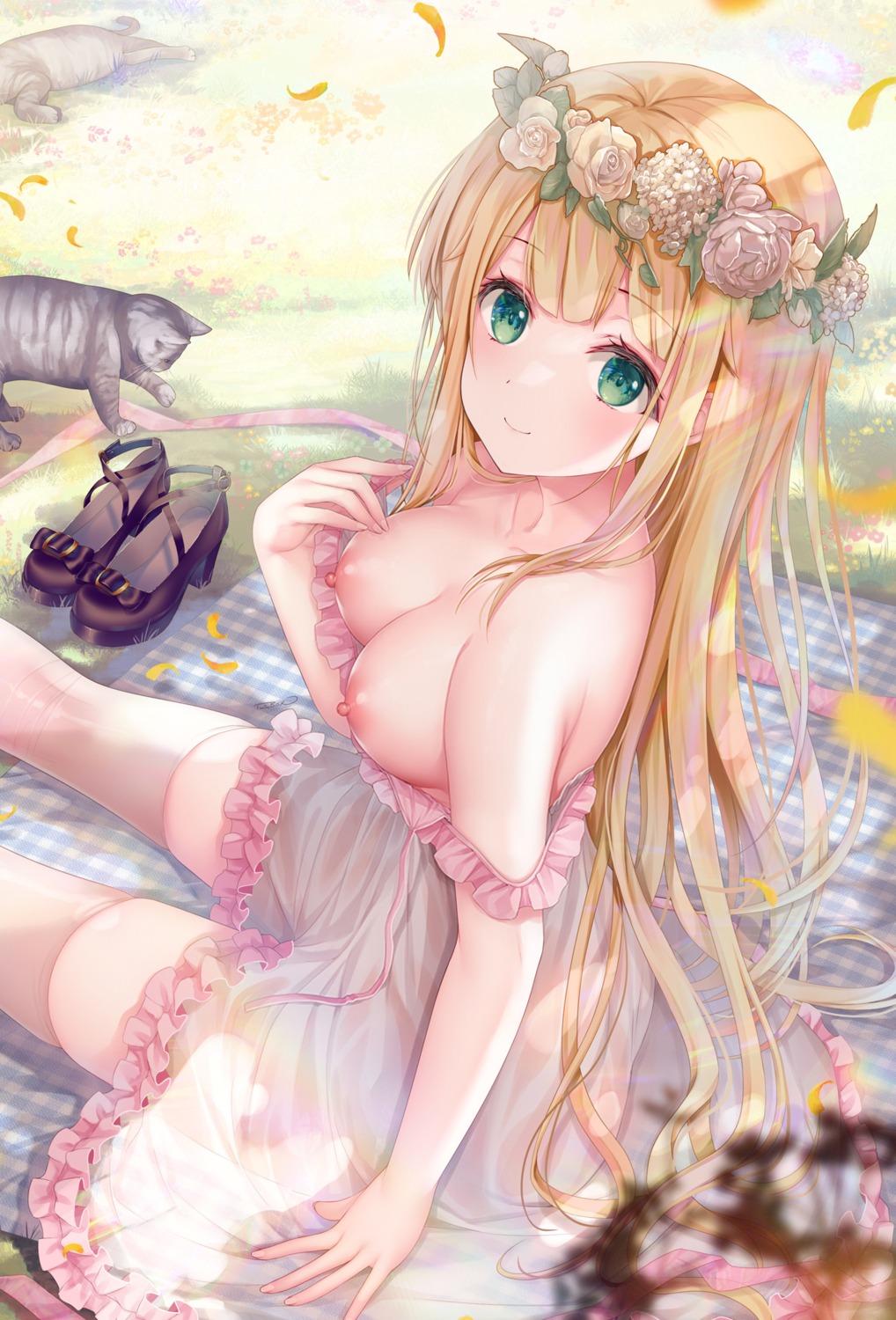 breasts dress inagaki_minami neko nipples no_bra photoshop see_through summer_dress thighhighs twinbox twinbox_school wardrobe_malfunction wet_clothes