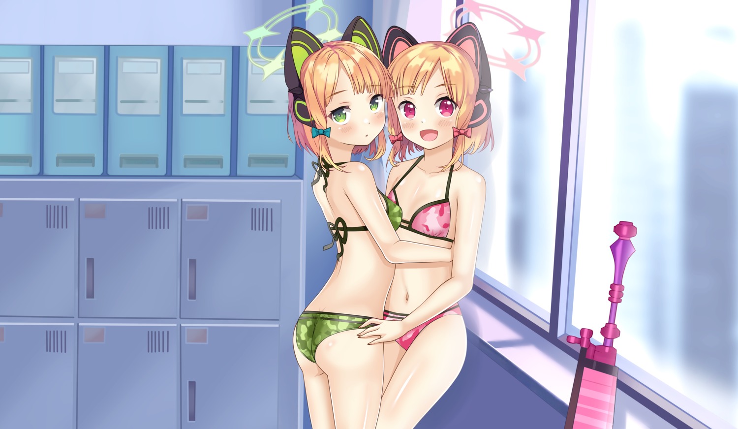 achmad_faisal animal_ears ass bikini blue_archive headphones nekomimi saiba_midori saiba_momoi swimsuits