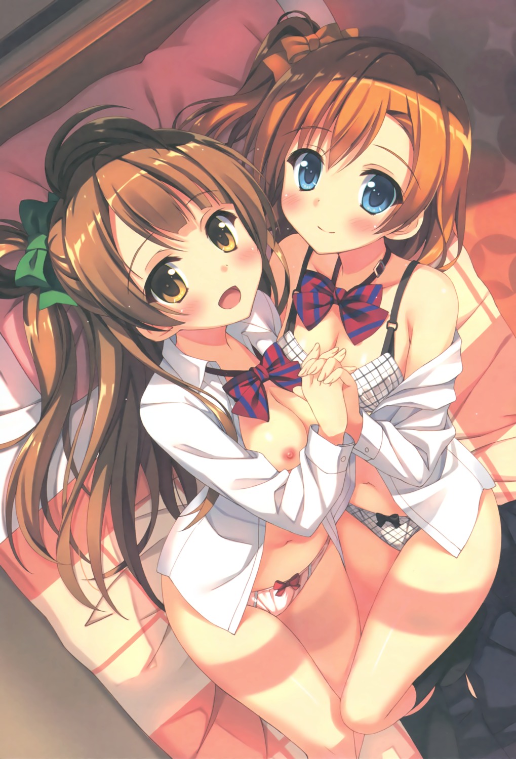 4season bra breasts cleavage kousaka_honoka love_live! minami_kotori nipples no_bra open_shirt pantsu saeki_nao seifuku