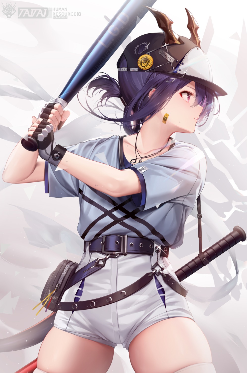 arknights bandaid baseball ch'en_(arknights) horns sword tail taitai thighhighs uniform