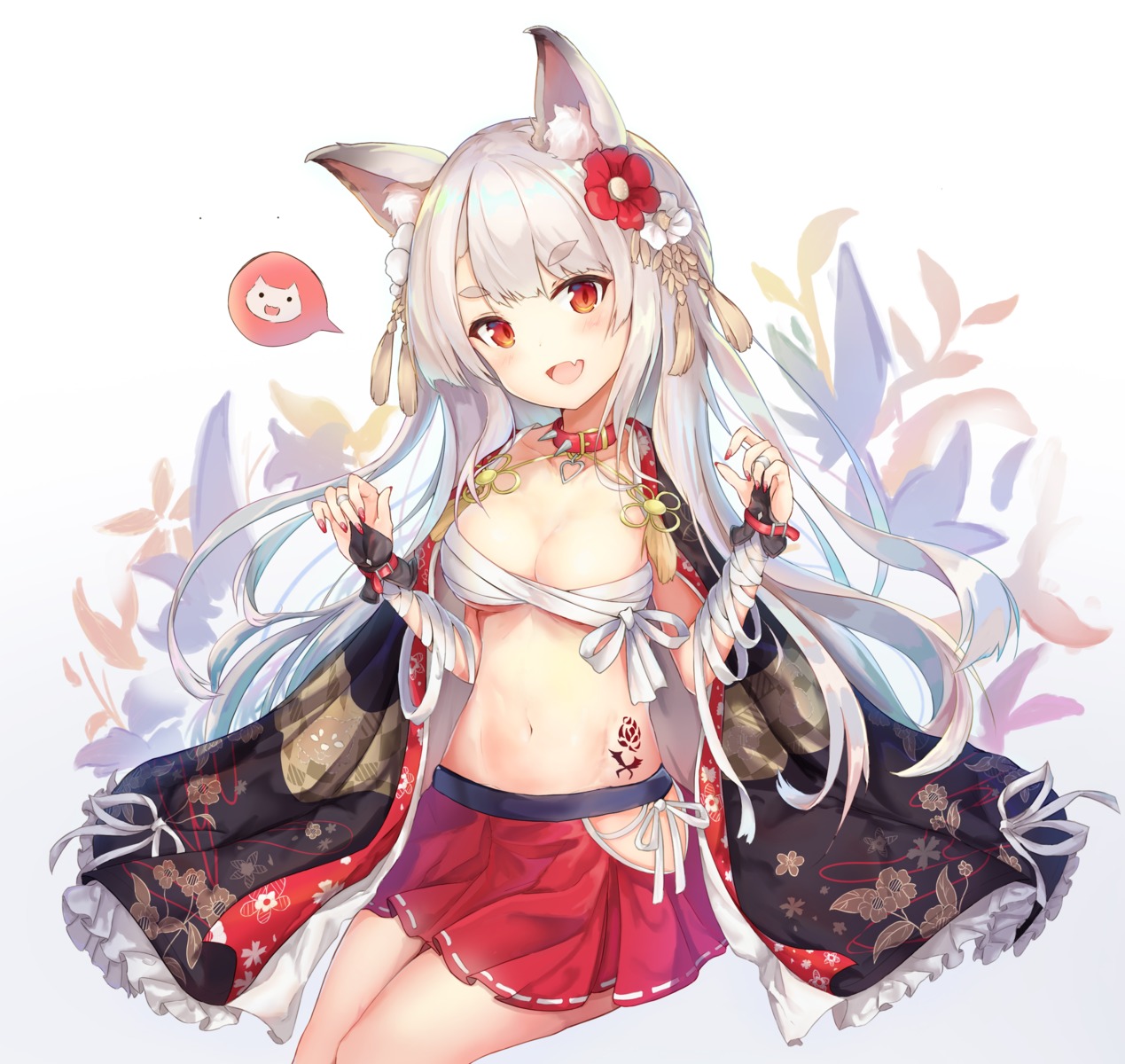 animal_ears azur_lane bandages cleavage dana_(hapong07) japanese_clothes sarashi tattoo yuudachi_(azur_lane)