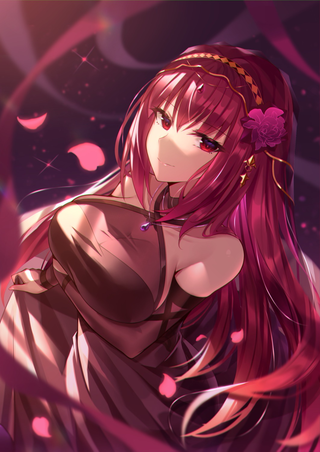 black_fire breast_hold cleavage dress fate/grand_order scathach_(fate/grand_order) see_through
