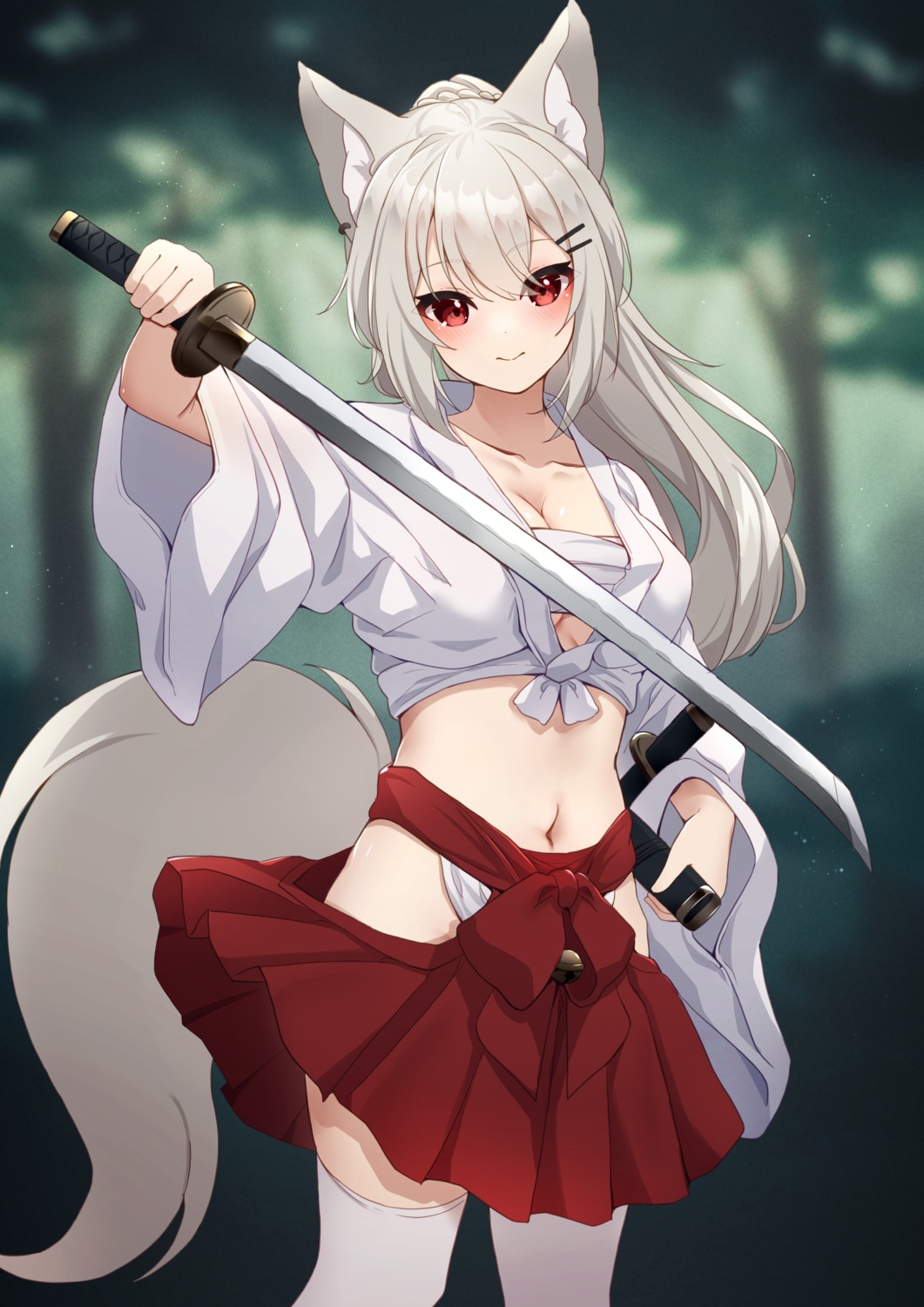 animal_ears hinata_(pixiv53862745) kitsune miko open_shirt sarashi sword tail thighhighs