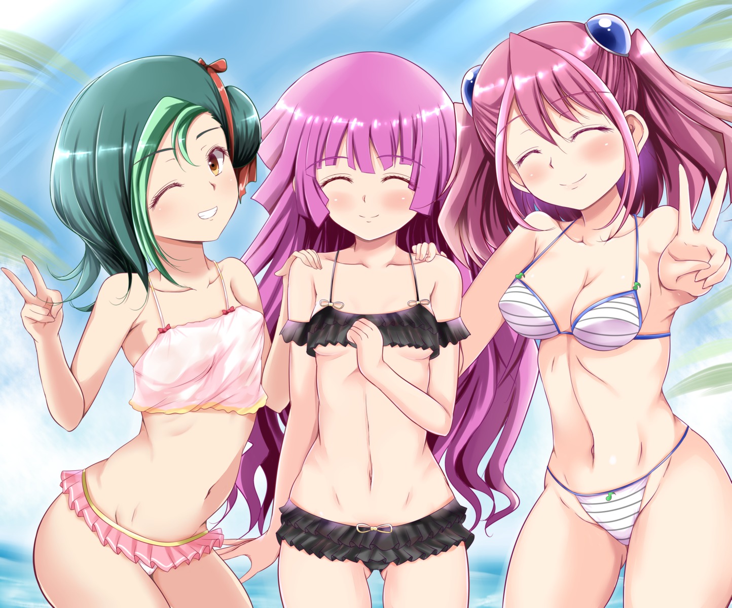 andrew_(duel_angel) bikini hiiragi_yuzu kirishima_romin mizuki_kotori swimsuits underboob yugioh yugioh_arc-v yugioh_zexal