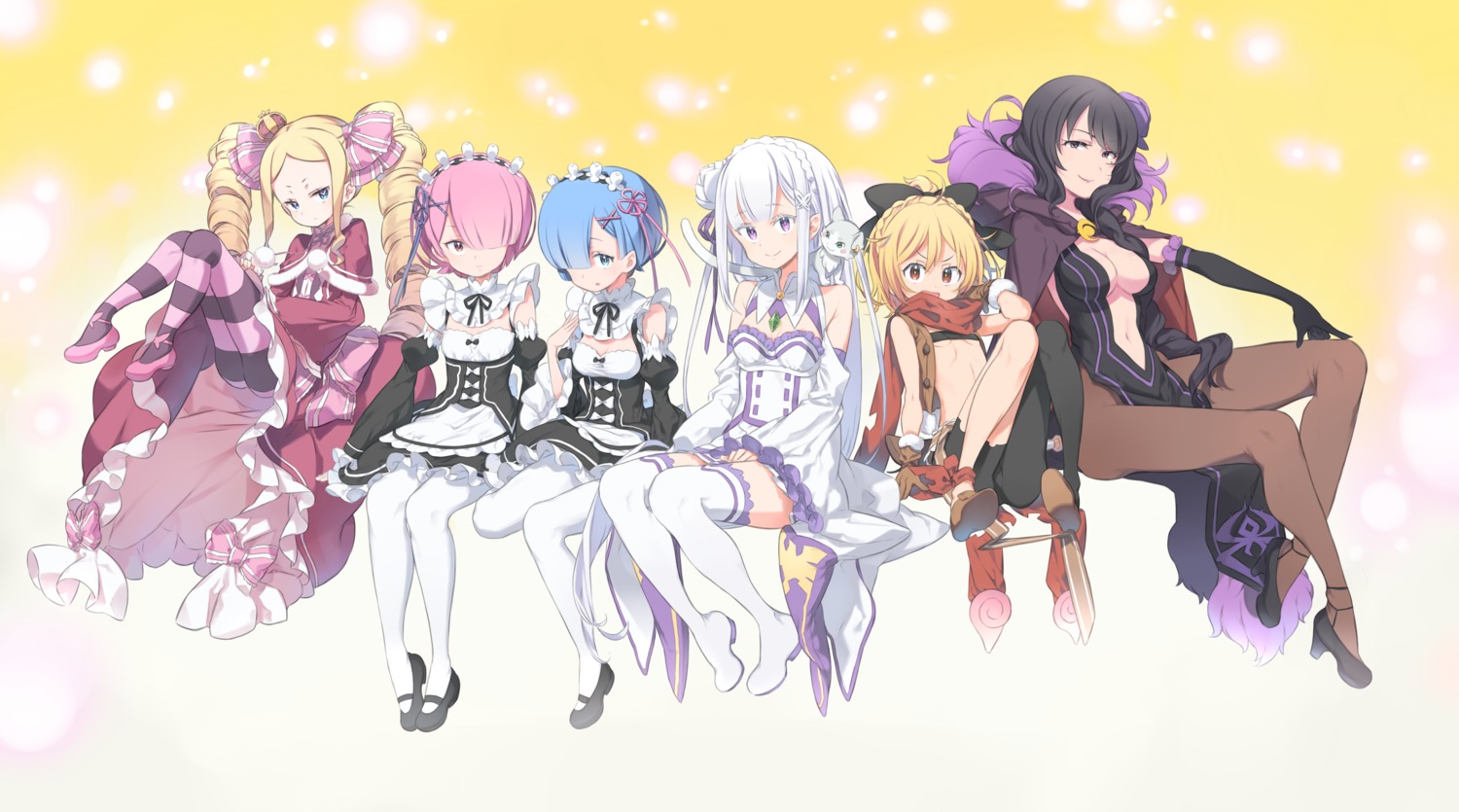 amana_(pocketkey) beatrice_(re_zero) cleavage dress elf elsa_granhiert emilia_(re_zero) felt_(re_zero) heels loli maid neko no_bra pack_(re_zero) pantyhose pointy_ears ram_(re_zero) re_zero_kara_hajimeru_isekai_seikatsu rem_(re_zero) thighhighs