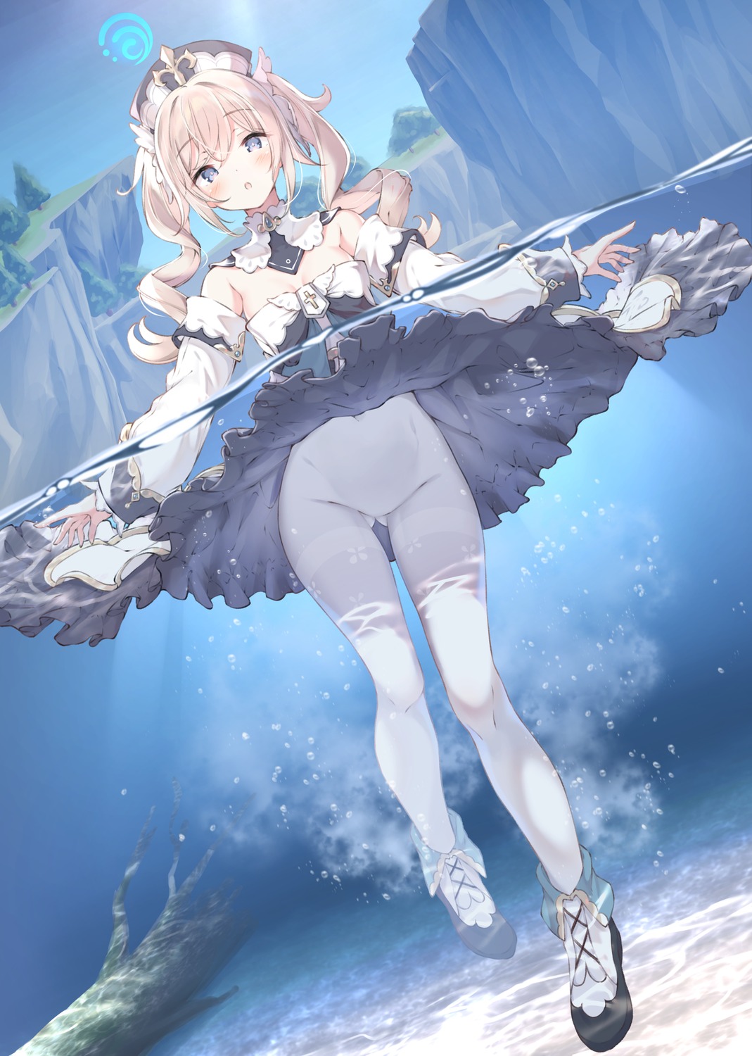 barbara_(genshin_impact) dress genshin_impact no_bra pantyhose skirt_lift ukiwakisen wet wet_clothes