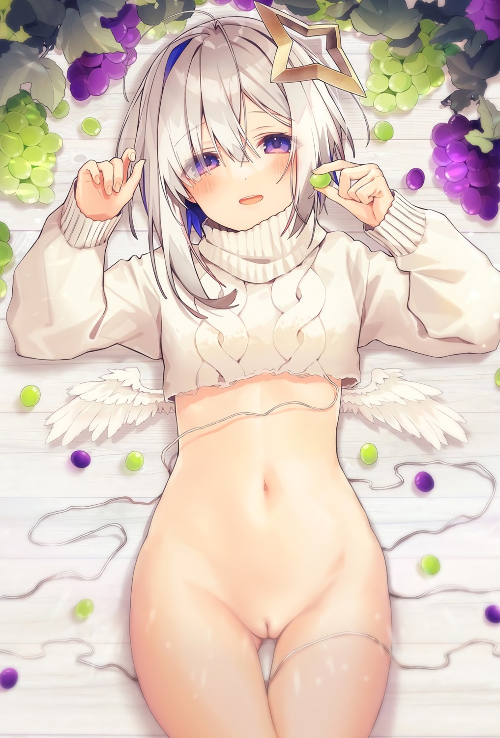 amane_kanata angel bottomless hololive oshioshio photoshop pussy sweater torn_clothes uncensored wings