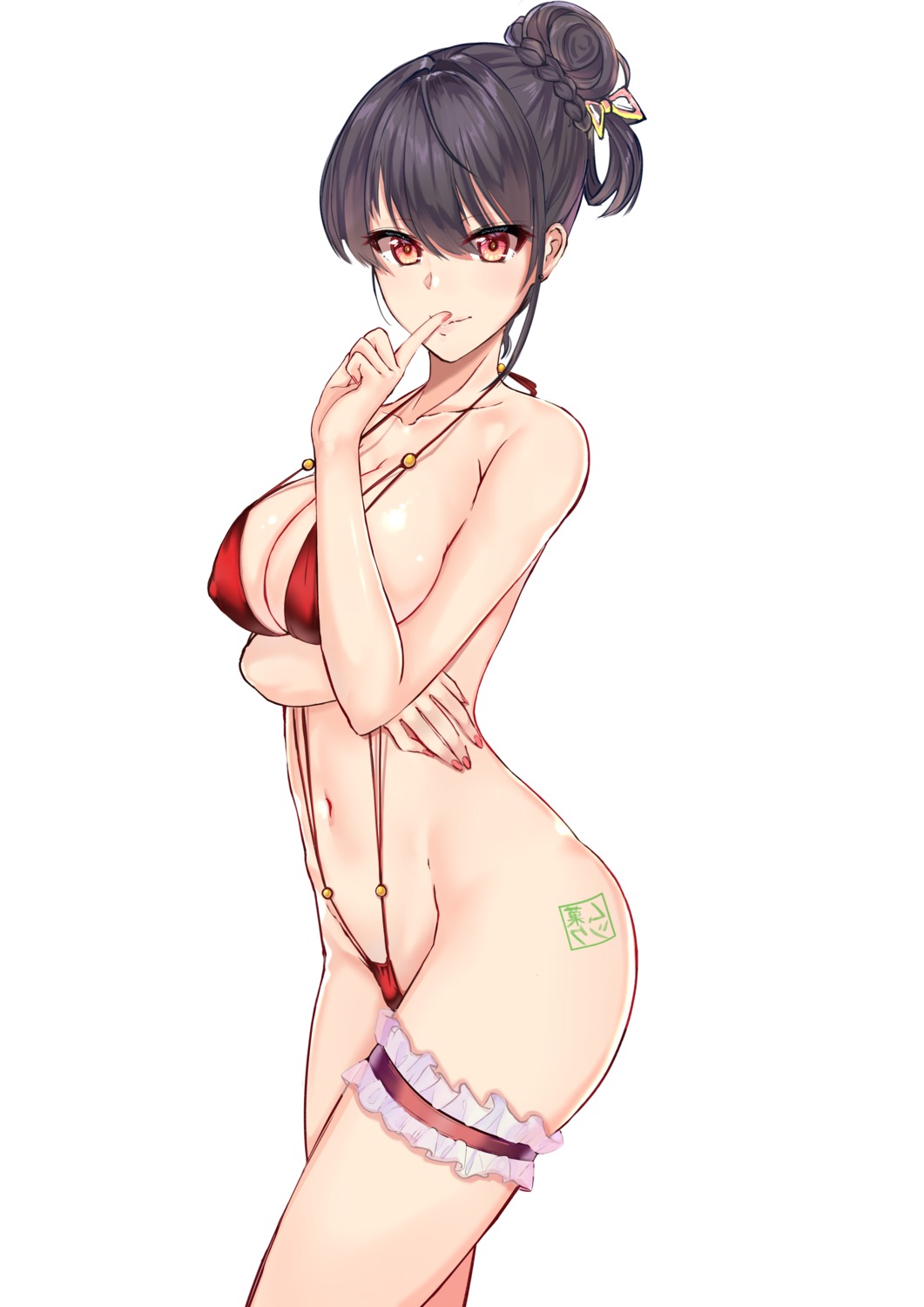 breast_hold erect_nipples garter muka_tsuku sling_bikini swimsuits tattoo