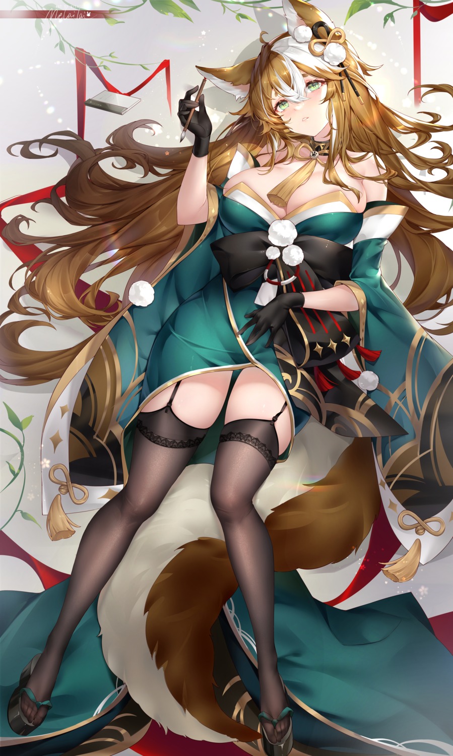 animal_ears genshin_impact hina_(genshin_impact) japanese_clothes melailai no_bra stockings tail thighhighs