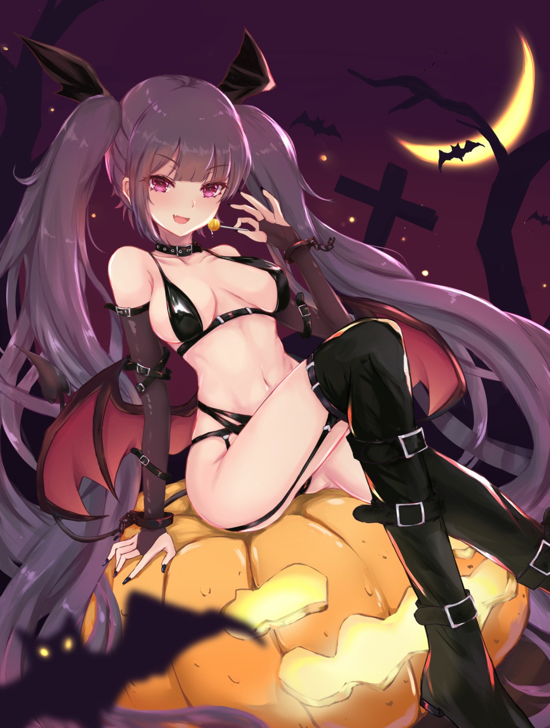 bra erect_nipples garter_belt habu_rin halloween pantsu stockings tail thighhighs wings