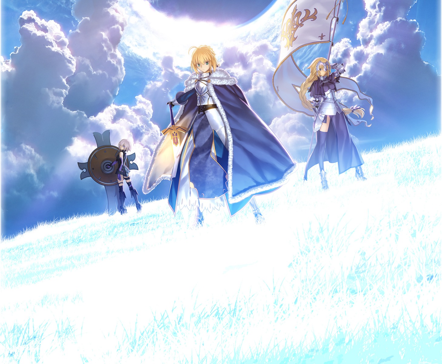 armor fate/grand_order jeanne_d'arc jeanne_d'arc_(fate) mash_kyrielight saber sword takeuchi_takashi thighhighs type-moon