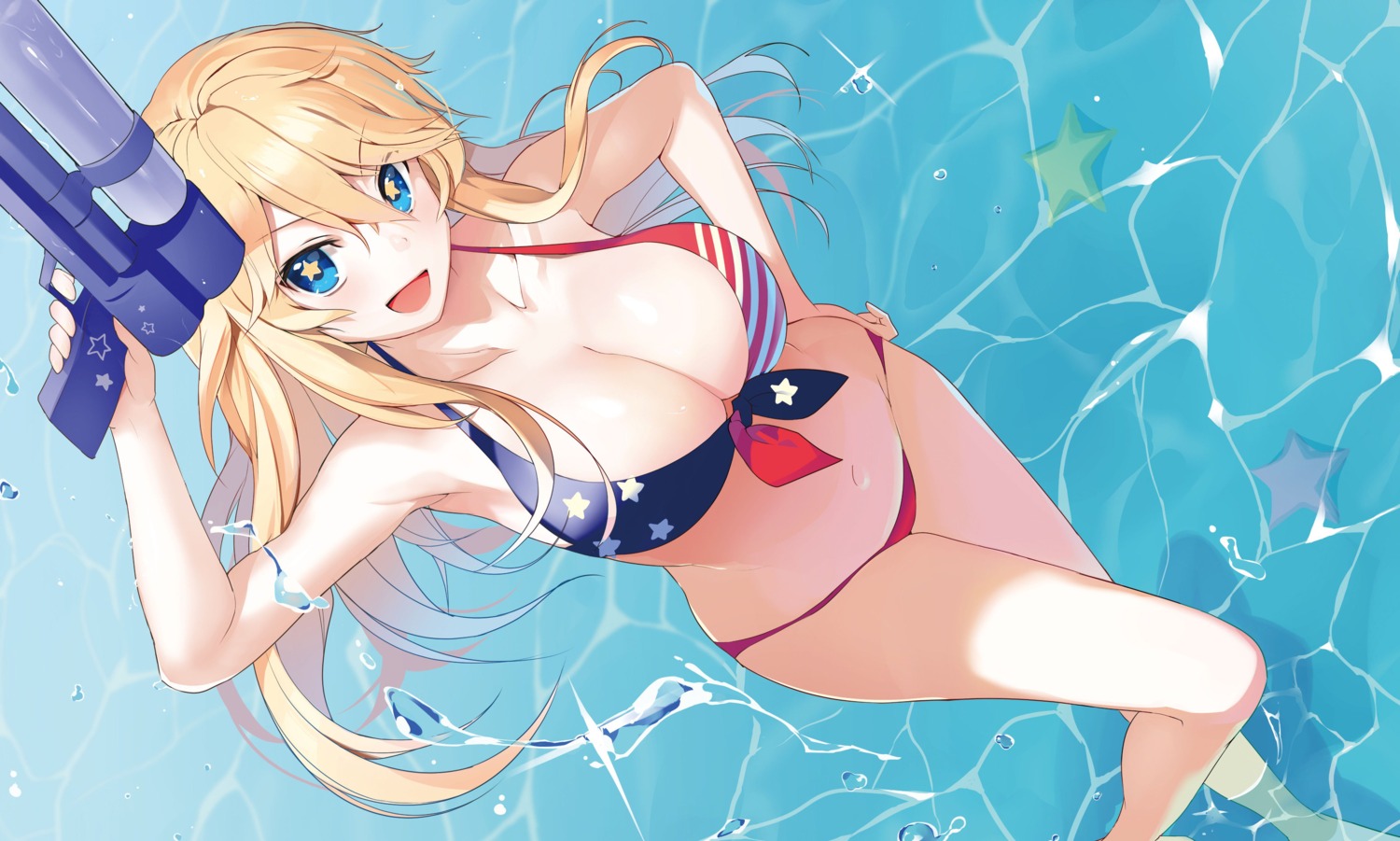 bikini cleavage gun iowa_(kancolle) kantai_collection nanotaro sonico swimsuits tsuji_santa wet