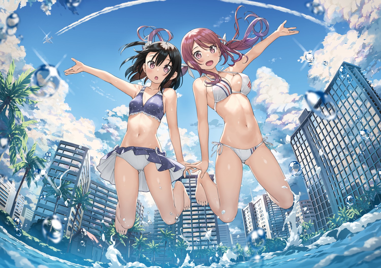 bikini kantoku kurumi_(kantoku) shizuku_(kantoku) skirt_lift swimsuits wet