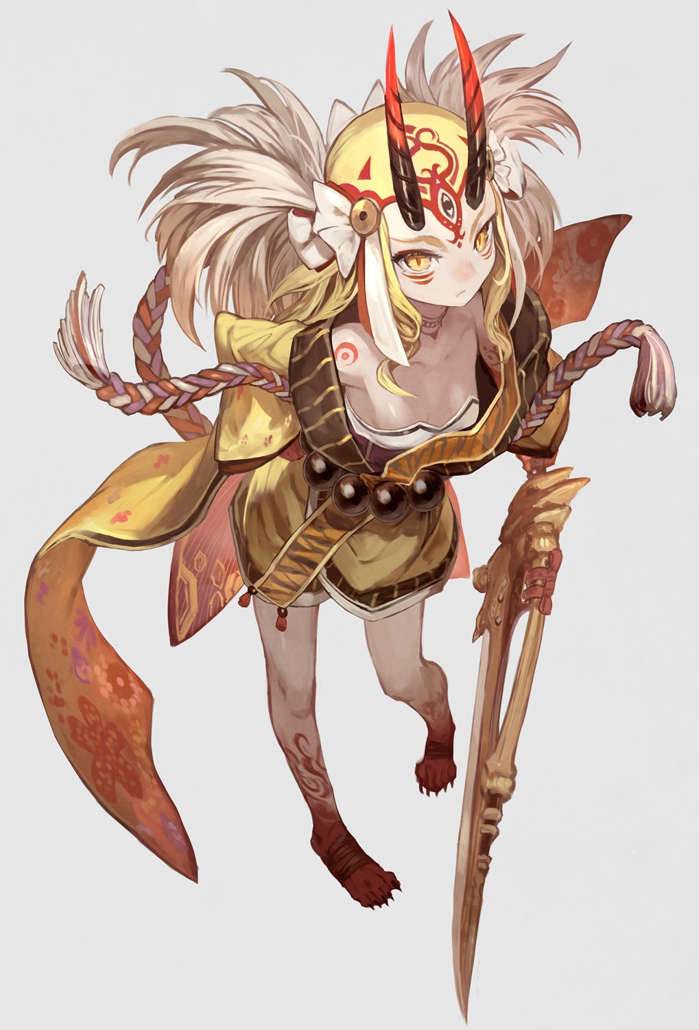 cleavage fate/grand_order horns ibaraki_douji_(fate/grand_order) lack sword tattoo