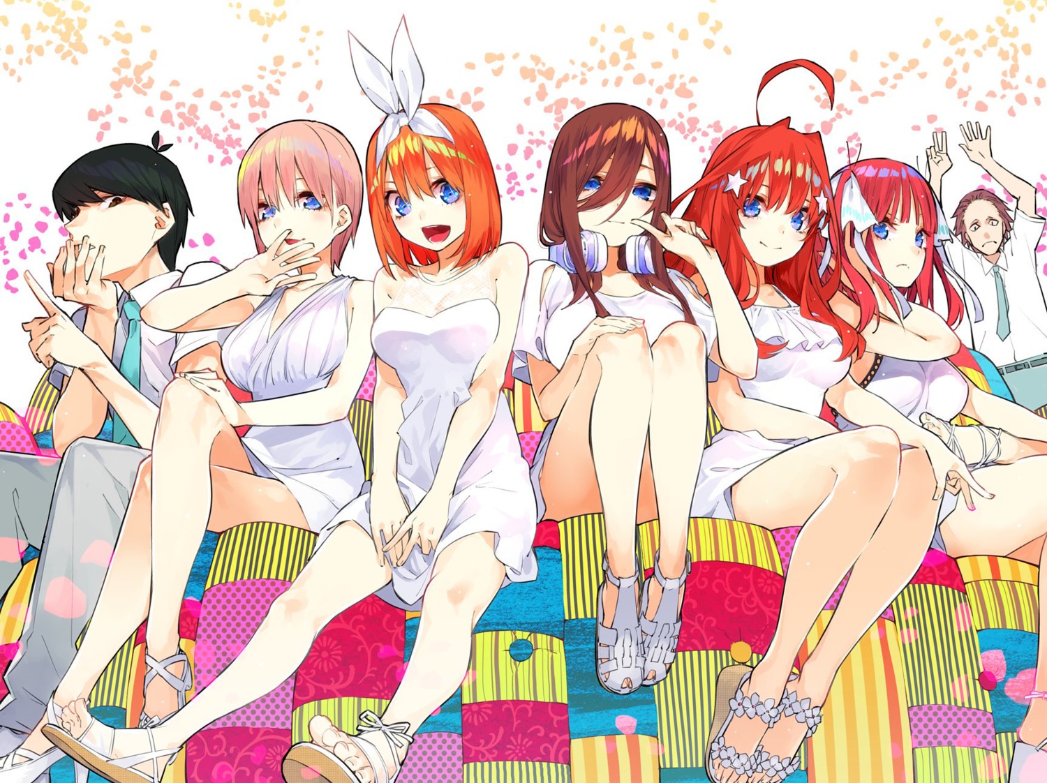 5-toubun_no_hanayome cleavage dress haruba_negi headphones heels nakano_ichika nakano_itsuki nakano_miku nakano_nino nakano_yotsuba seifuku skirt_lift summer_dress uesugi_fuutarou