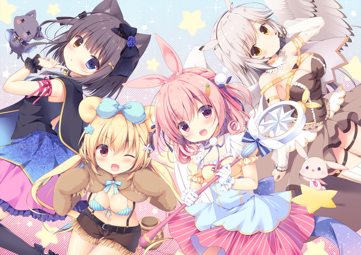 animal_ears animal_panic bra bunny_ears cleavage garter heterochromia kisaki_shiori minazuki_rune miyasaka_miyu miyasaka_naco morino_hinata nekomimi quince_soft shirafuji_yuna thighhighs weapon wings