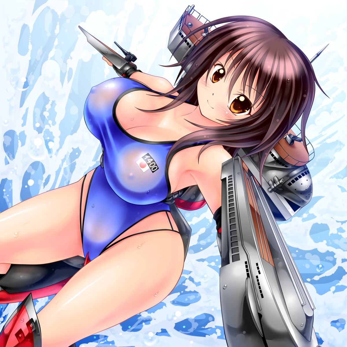 cleavage erect_nipples kogarashi_(artist) mecha_musume school_swimsuit see_through swimsuits weapon