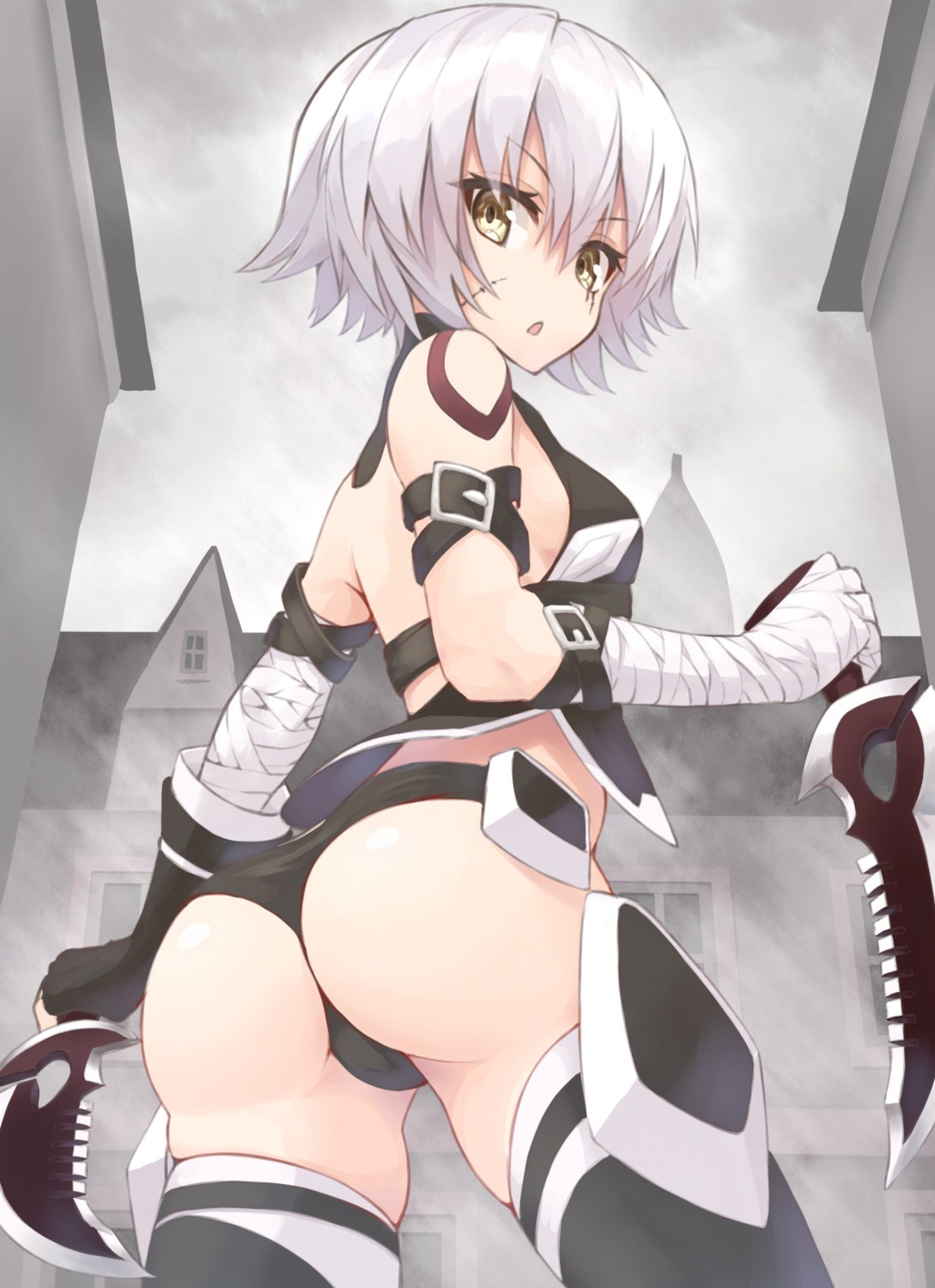 ass bandages fate/apocrypha fate/grand_order fate/stay_night jack_the_ripper pantsu shunichi tattoo thighhighs weapon
