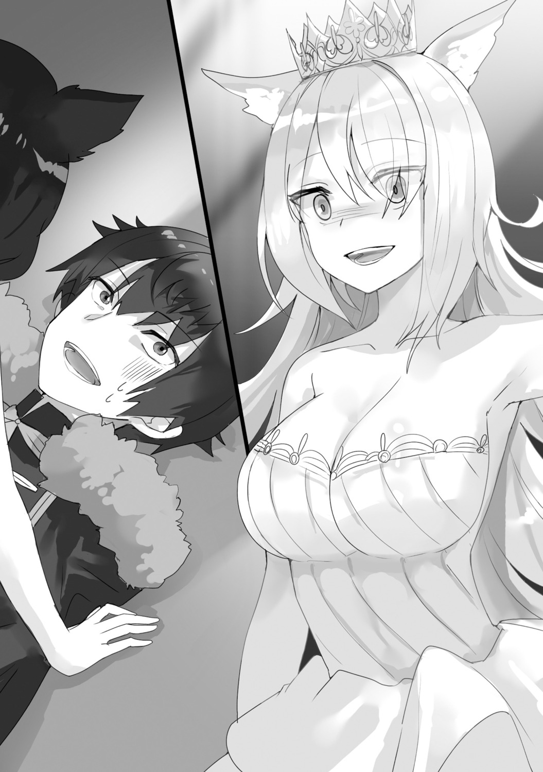 animal_ears cleavage dress fuumi maou-sama_no_machizukuri!_~saikyou_no_danjon_wa_kindai_toshi~ monochrome