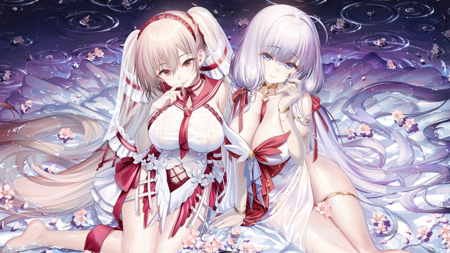 azur_lane dress formidable_(azur_lane) garter haneru illustrious_(azur_lane) no_bra see_through wallpaper wet wet_clothes