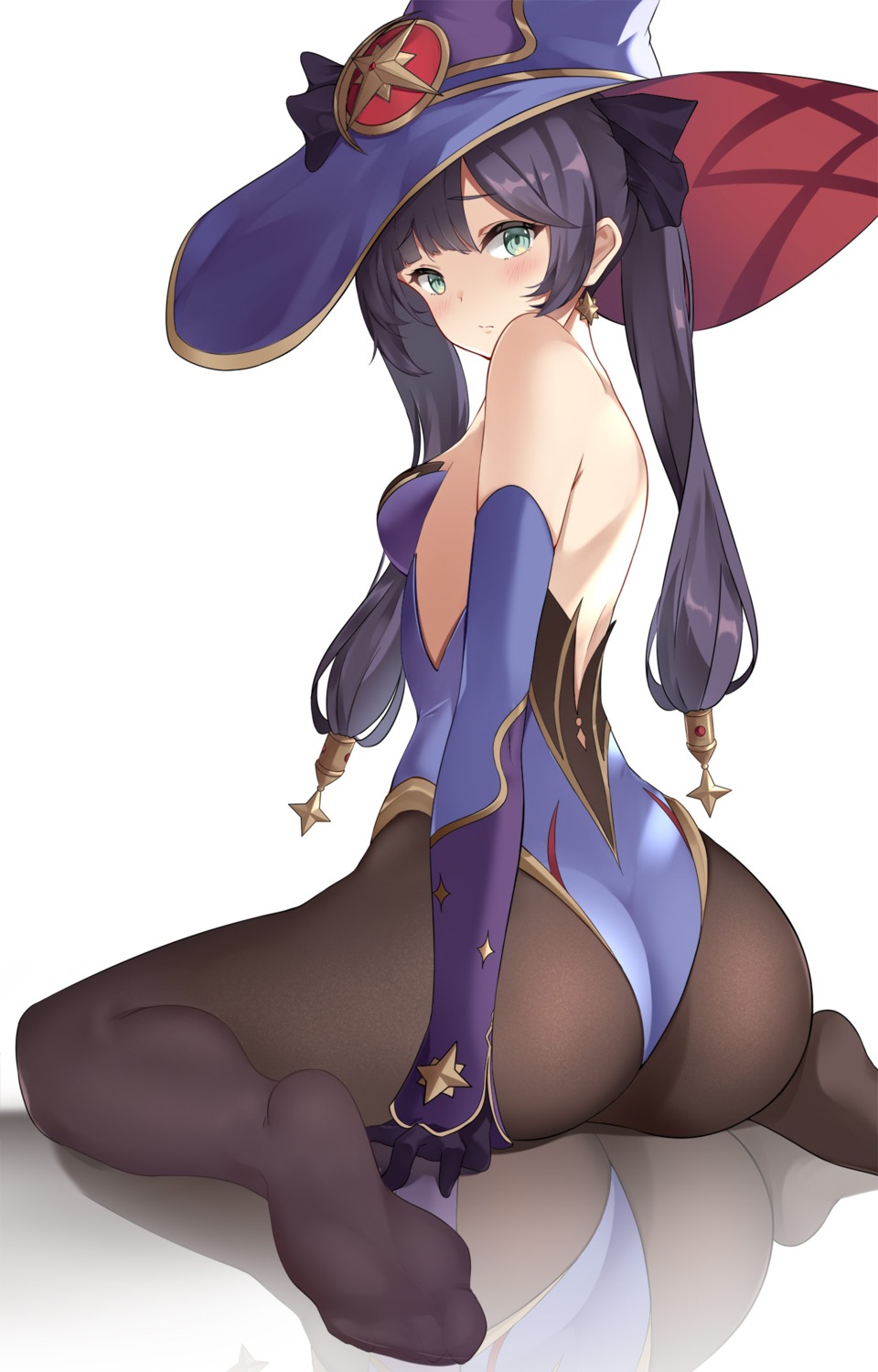 ass feet genshin_impact key_(pixiv21534236) leotard mona_megistus no_bra pantyhose witch