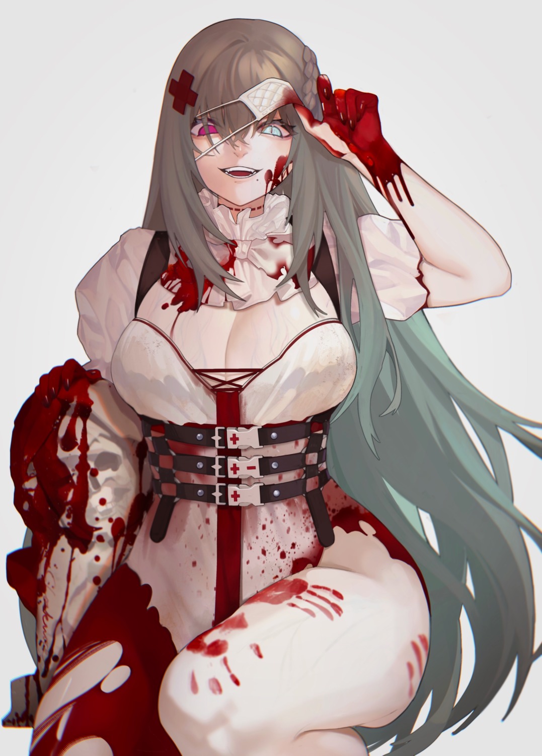 blood cleavage eyepatch heterochromia torn_clothes tutou_jiang