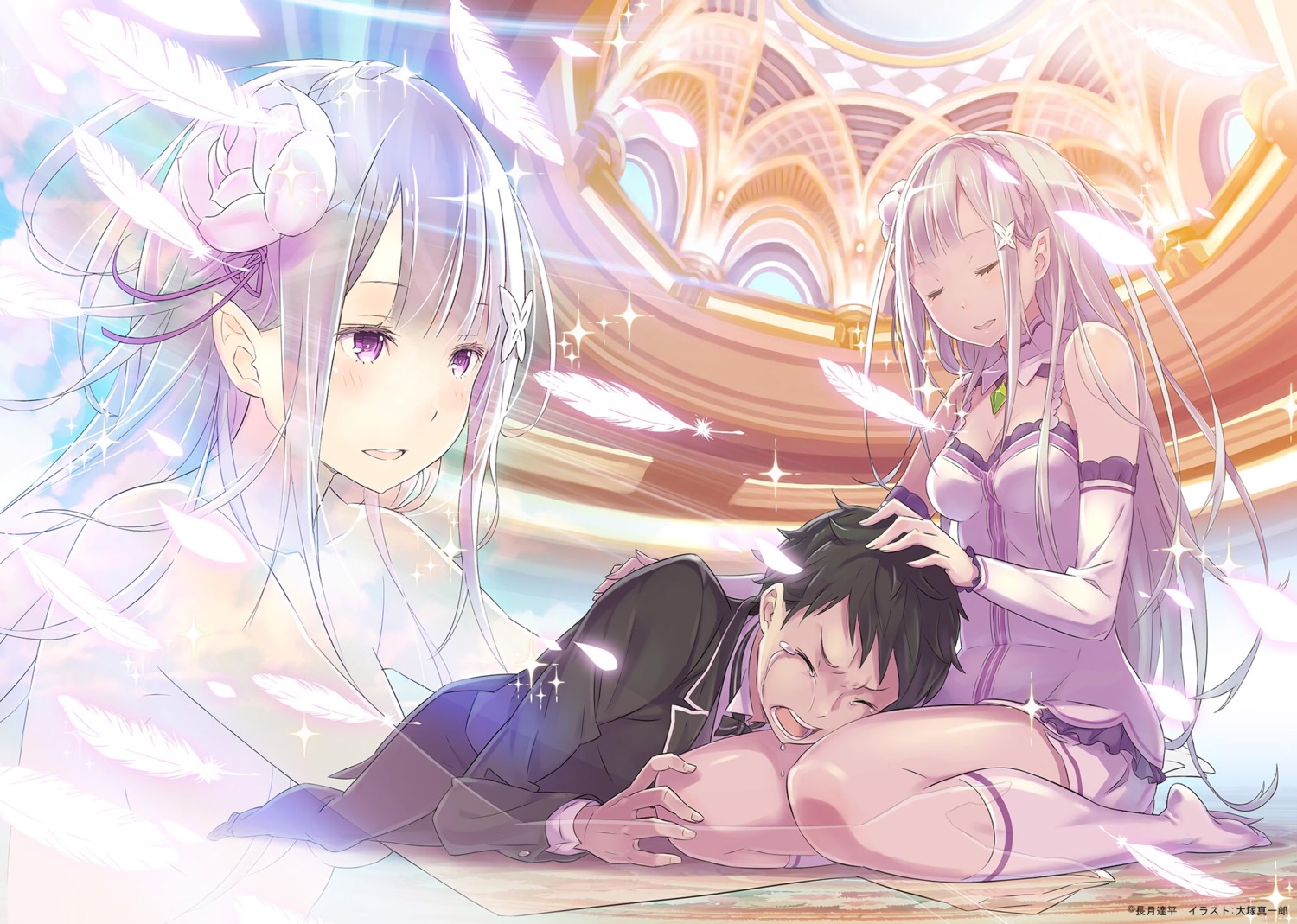 elf emilia_(re_zero) natsuki_subaru ootsuka_shinichirou pointy_ears re_zero_kara_hajimeru_isekai_seikatsu topless