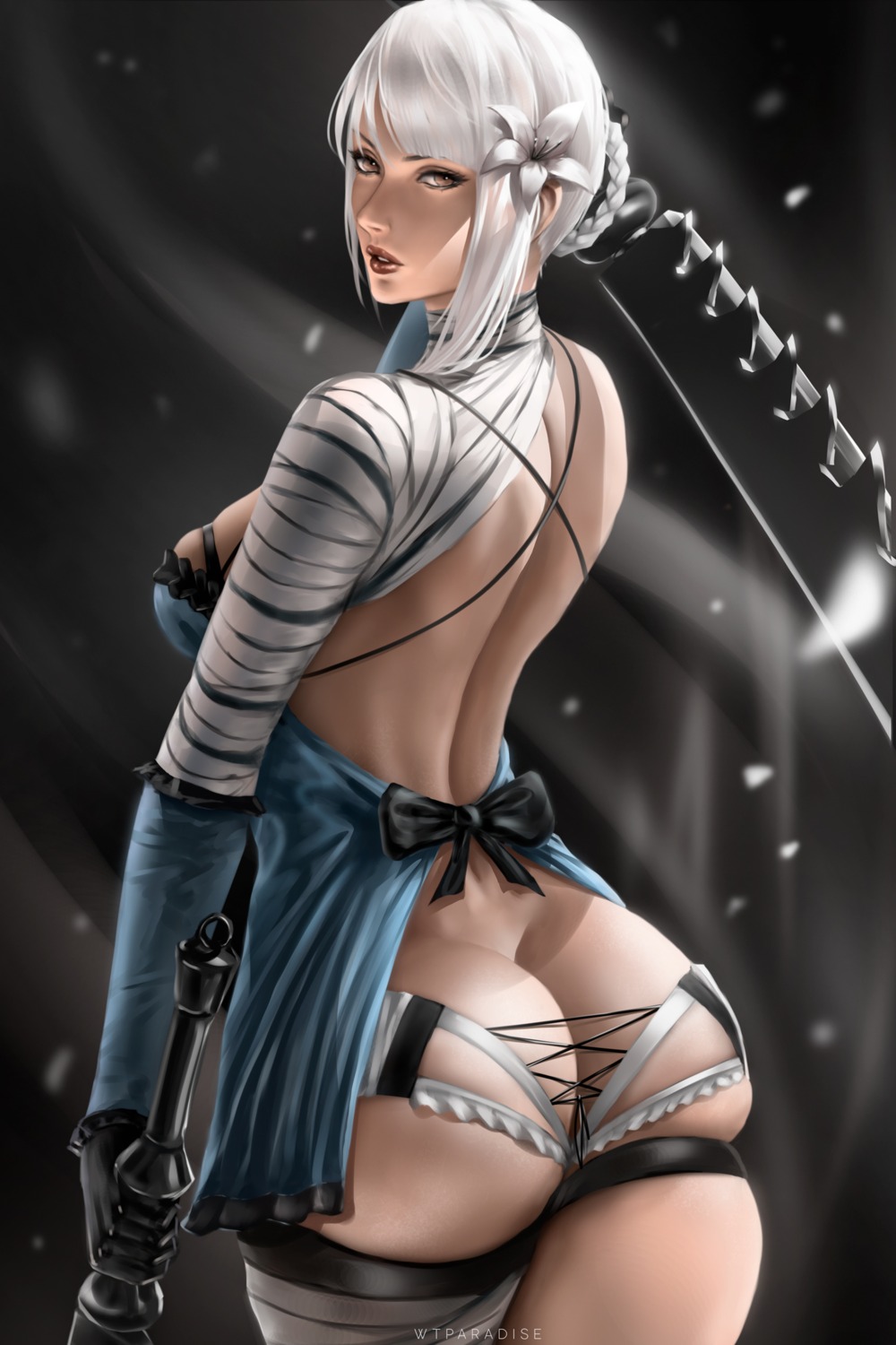 ass bandages dress garter kaine_(nier) nier nier_replicant no_bra pantsu sword thong wtparadise