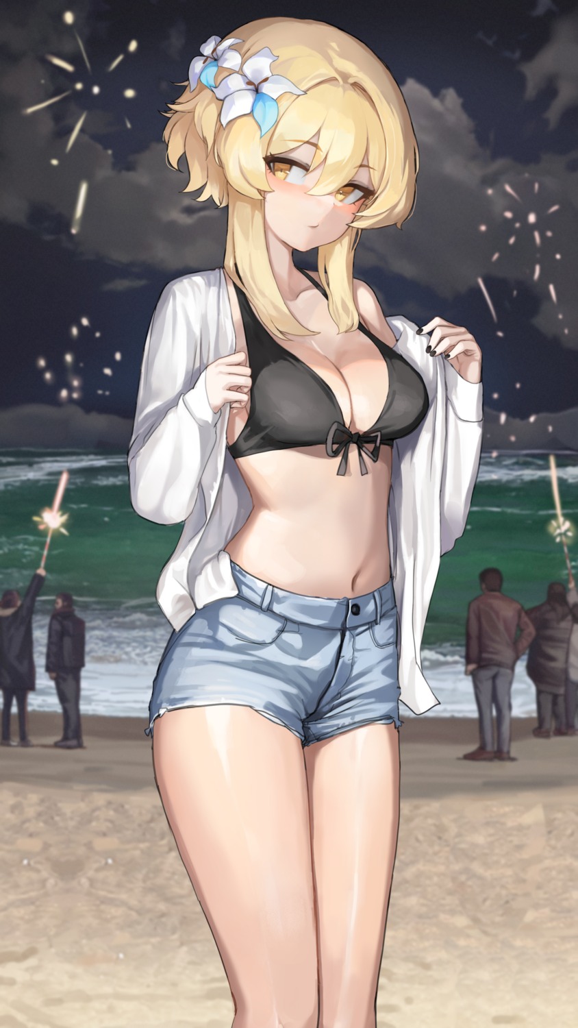 bikini_top dolri genshin_impact lumine open_shirt swimsuits undressing