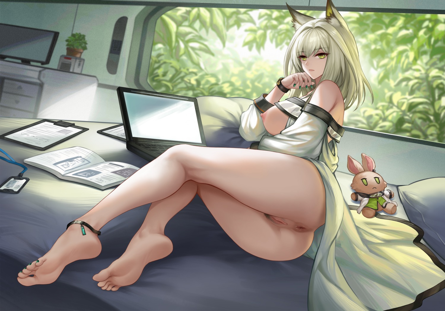 animal_ears anus arknights bottomless feet kacyu kal'tsit_(arknights) nipples no_bra open_shirt pubic_hair pussy uncensored